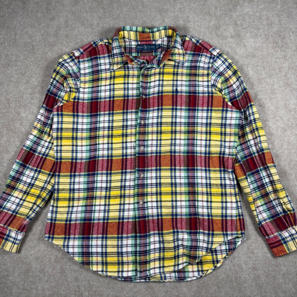 VTG Ralph Lauren Men Sz L Classic Fit Plaid Flannel Button Down Shirt Yellow Red